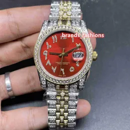 Popolare orologio da polso hip-hop da uomo nuovo, quadrante rosso, scala araba, cinturino bi-oro, orologi meccanici con diamanti completamente automatici3188