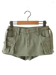 스커트 Yenkye 2023 Women Vintage Pockets 군대 녹색 슈퍼 쇼트 스커트 패션 여성 여름 사파리 스타일 Culottes Cotton Jupe