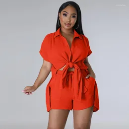 Women's Tracksuits Casual Women Two Piece Outfits 2023 Summer Solid Color Single-breasted Short Sleeve Tops Elastic Waist Shorts Set