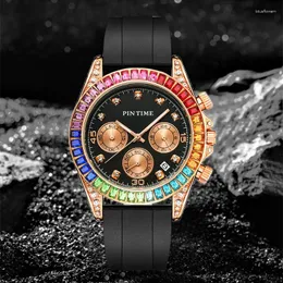 Wristwatches PINTIME Watch For Men Waterproof 30m Sports Quartz Wristwatch Iced Out Colored Diamonds Case Silicone Strap Fashion Relogios