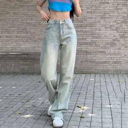 Jeans lavati azzurri per donna Pantaloni in denim vintage a vita alta effetto consumato Pantaloni dritti streetwear coreano femminile