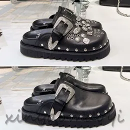 Fashion Luxury Thick Bottom with Buckles Rivets Metal Pieces Punk Wind Black Flat Sandals Serrated Casual Wrap Head Half Slippers 35-40