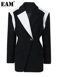 Wool Blends Eam Women Black White Colorblock Elegancki lapa Lapel Long Rleeve Jacket Fashion Spring Autumn 1DF076201 230927