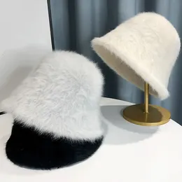 Wide Brim Hats Bucket Fashion Artificial Rabbit Fur Hat Women Autumn Winter Warm Thickened Fisherman Panama Plush Basin Lady Cap 230927