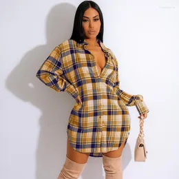 Casual Dresses Cotton Knitted Plaid Shirt Dress Women Loungewear Turn-Down Collar Single Breasted Mini Long Sleeve Loose Fit