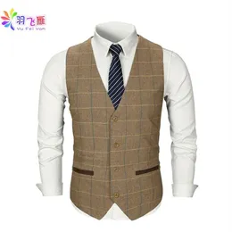 Smart Casual Men Vest Suit Brown Tweed Vest Slim Fit British Style Cotton Sing Breasted Plaid Wedding Dress Waistcoat Suit222F