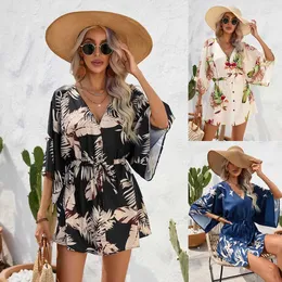 Grundläggande avslappnade klänningar Elegant kvinnors sommarbladtryck ärm Vneck Loose Short Dress Lady Beach Vactido Mulher Sxxl