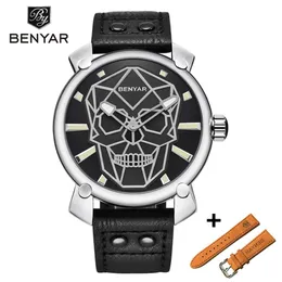 Benyar New Gold Skull Simple Watch Mens 세트 럭셔리 패션 가죽 쿼츠 손목 시계 남자 군사 시계 remalogio masculino3117