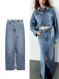 Mode med fickor främre split denim kjol kvinnor 2023 hög midja rak kjol kvinnor vintage bleknade slits långa klänningar