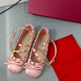 Italy Luxury designer studded rivets Ballet Flats Shoes Women brand bowtie silk satin Slip on Ballerina Round Toe Ladies Dress Shoes V diamond loafer Zapatos2024
