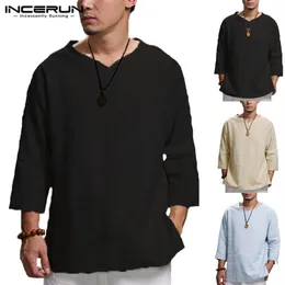Plus Size 5XL Chinese Style T Shirt Men Solid Loose 3 4 Sleeve V-neck Tee Shirt Men Casual Cotton Vintage Mens T-shirt301o