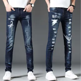 2023 Spring and Autumn New Fashion Printed Ripped Jeans Men's Casual Slim Comfortable High Quality Elastic Small Feet Pants