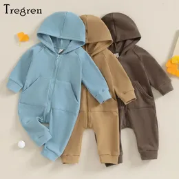 Rompers Tregren 0-24M Fall Winter born Infant Baby Boys Girls Romper Overalls Solid Long SleeveJumpsuit With Pocket Toddler Clothes 230927