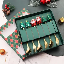 Cucharas Juego de cucharas de tenedor de Navidad de 6 piezas con caja de regalo Adorno Sombrero Sombrero de mango largo Cubiertos Vacaciones