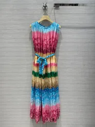 Casual Dresses High Quality Silk Big Swing Bohemian Holiday Women Dress O Neck Sleeveless Fashion Lace Up Printed Stunning Maxi