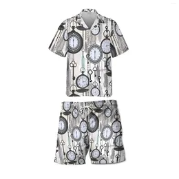 Herrspårspår Jumeast 3D -tryckt vintage klockmönster Men Hawaiian skjortor Shorts Suit Beach 90s Y2K Women Blus Light Academia Drip