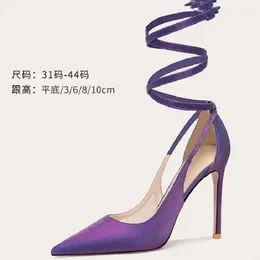 Dress Shoes Spring And Summer Silk Satin Pointed Tie Flat Bottom Sandals Thin High Heel Banquet Large Small Women Single