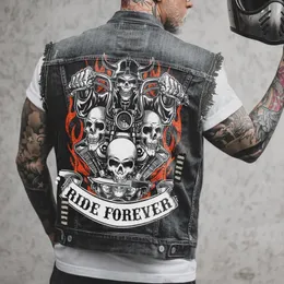 Herrvästar Springsummer Outdoor Cycling Biker Vest Punk Print Mönster Hollow Out Raw Edge Sleeveless Denim Jacket 230927