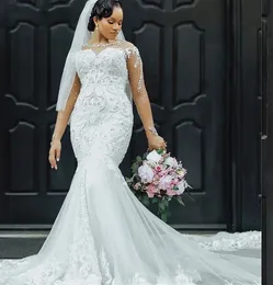 Afrikanska kvinnor plus storlek Mermaid Wedding Dresses For Bride Beading Sequin Brudklänningar Långa ärmar Vestidos de Boda