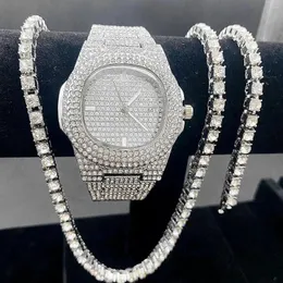 Wristwatches 3pcs Necklaces Watches Bracelets Hip Hop Prong 5mm Tennis Cuban Chain Iced Out Rhinestone CZ Bling For Men Women Jewelry Set
