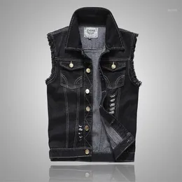 Plus Size Ripped Black Denim Vest Mens Slim Fit Male Jeans Sleeveless Jacket Tank Top Cowboy Brand 5XL Armhole Style1297D