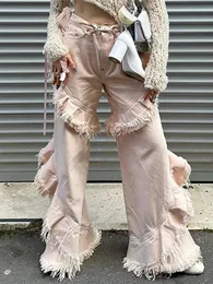 Dżinsy damskie Taruxy Workulne dżinsy dla kobiet swobodne mody mody Tassel Dżinsy żeńskie ulice różowe luźne spodnie ładunkowe Kobieta jesień 230927