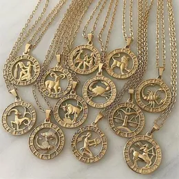 Vintage Gold Twelve Constellations Necklace For Women Girls Man Zodiac Symbol Pendant Gift Clavicle Chain Necklaces Fine Jewelry2169