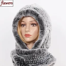 Schals 2023 Winter Frauen Echtpelz HatScarves Weibliche Gestrickte Natürliche Rex Kaninchen Mit Kapuze Warme Stricken Echte Kappen Schal 230927