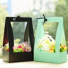 Flower Basket Paper Carton 5pcs Portable Flowers Packing Box Waterproof Florist Fresh flower Carrier Bag In Green Black Pink252x