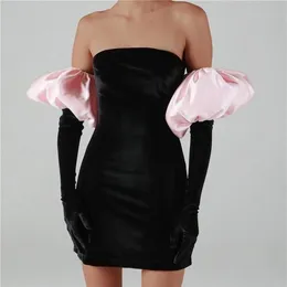 Casual Dresses Winter 2022 Sexy Bodycon Women Mini Dress Gloves Fall Party Backless High Waist Long Puff Sleeve Black Strapless Fe236z