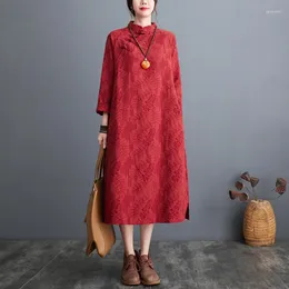 Sıradan Elbiseler 2023 Stand yakası Vintage Çin tarzı Sonbahar Elbise Cheongsam Pamuk Blend Jacquard Moda Kadınlar Bahar