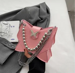 Factory wholesale shoulder bags 4 colors daily Joker embossed solid color leather handbag sweet little fresh beaded chain bag this year popular silver handbags 369#