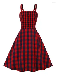 Casual Dresses 2023 Summer Spaghetti Strap Cotton Dress Sexig Red Plaid A Line Hepburn Style 50s 60s Vintage Women Clothes Y2K Robe