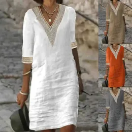 Basic Casual Dresses Elegant Women's Lace Summer Solid VNeck Mid Sleeve Cotton Hemp Dress Vesido Mulher Female Robe SXL