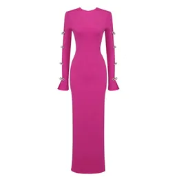 Basic Casual Dresse Dress Rose Red Long Sleeve Cut-Out Side-Split Dress 230927