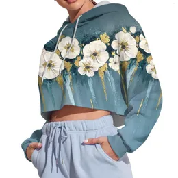 Kobiety bluzy kobiety krótkie bluzy jesienne panie koreański z długim rękawem kwiatowy nadruk z kapturem przycięta luźna kobieta