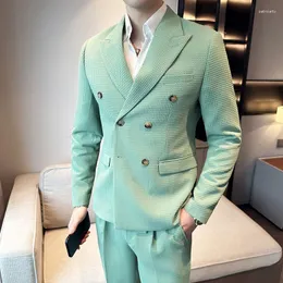 Men's Suits (Jacket Pants) Men Blazers High Quality Double Breasted Business Suits/Male Slim Fit Waffle Groom's Wedding Dress Casual Tuxedo