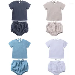 Clothing Sets Arrivals Baby Boys Girls Clothes Cotton Linen Set Soild Color Lace-up Pullover T-Shirt Shorts With Belt Children Outfits