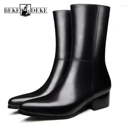 Сапоги 2023, осенние мужские флисовые теплые ботинки до середины икры, роскошные модельные черные зимние туфли с острым носком, Botas Hombre