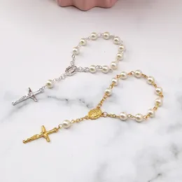 Bangle Catholic Cross Palce łańcuch Mini Różańca Różańce Różańce Faux Pearls Bransoletka do chrztu Favors Chrześcijanie 230928