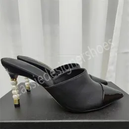 Fino salto alto designer feminino chinelos de couro real marca moda feminina apontou toe pérola decoração boca rasa sandálias novo sexy festa banquete sapatos