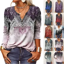 Women's T-Shirt Ethnic Bohemian T-shirt Women's Spring Autumn V Neck Casual Vintage Long Sleeve Tops Oversize Button Printed Pullover Shirt 230927