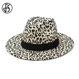 FS Beige Flat Brim Wool Felt jazz fedora hattar män kvinnor leopard band band dekor trilby panama formell hatt höst vinter cap269q
