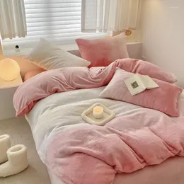 Bettwäsche-Sets, japanischer einfacher Farbverlauf, Bettbezug-Set, Winter, verdickter Plüsch, warme Steppdecke, Blatt-Kissenbezug, 4-teilig, luxuriös