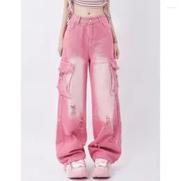 Kvinnors jeans kvinnor rosa kontrasterande färger hög midja amerikansk gata breda ben byxor mode hip hop vintage raka sommartrousers