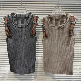 Damen Tanks BORVEMAYS Stricken Tank Tops Straße Casual Alle-spiel O Hals Ärmellose Patchwork Gürtel Herbst Frauen Pullover WZ5850