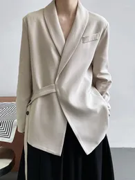 Women's Suits MASSRY Women Apricot Irregular Belted Big Size Blazer Lapel Long Sleeve Loose Fit Jacket Fashion Spring Autumn