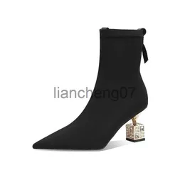 Boots Woman Sock Ankle Boots 2022 Spring Autumn Pointed Toe High Heel Elastic Flock Black Comfortable Booties Lady Shoes x0928