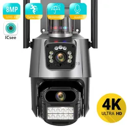 CCTV Lens 8MP 4K WiFi Kamera Çift Lens Çift Ekran PTZ Dış Mekan Su Geçirmez Güvenlik Video Gözetim Kamerası Polis Işık Alarm IP Kamera YQ230928