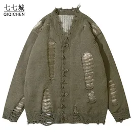 Herrtröjor Vintage Tattered Jumper Knitting Sweater Jacket Men Winter Ragged High Street Cardigan Thick Spring Autumn Cardigan Coat Unisex 230927